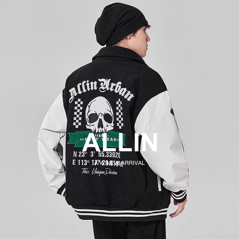 ALLIN 美式高街棒球服男秋冬潮牌骷髅头字母印花休闲百搭夹克外套