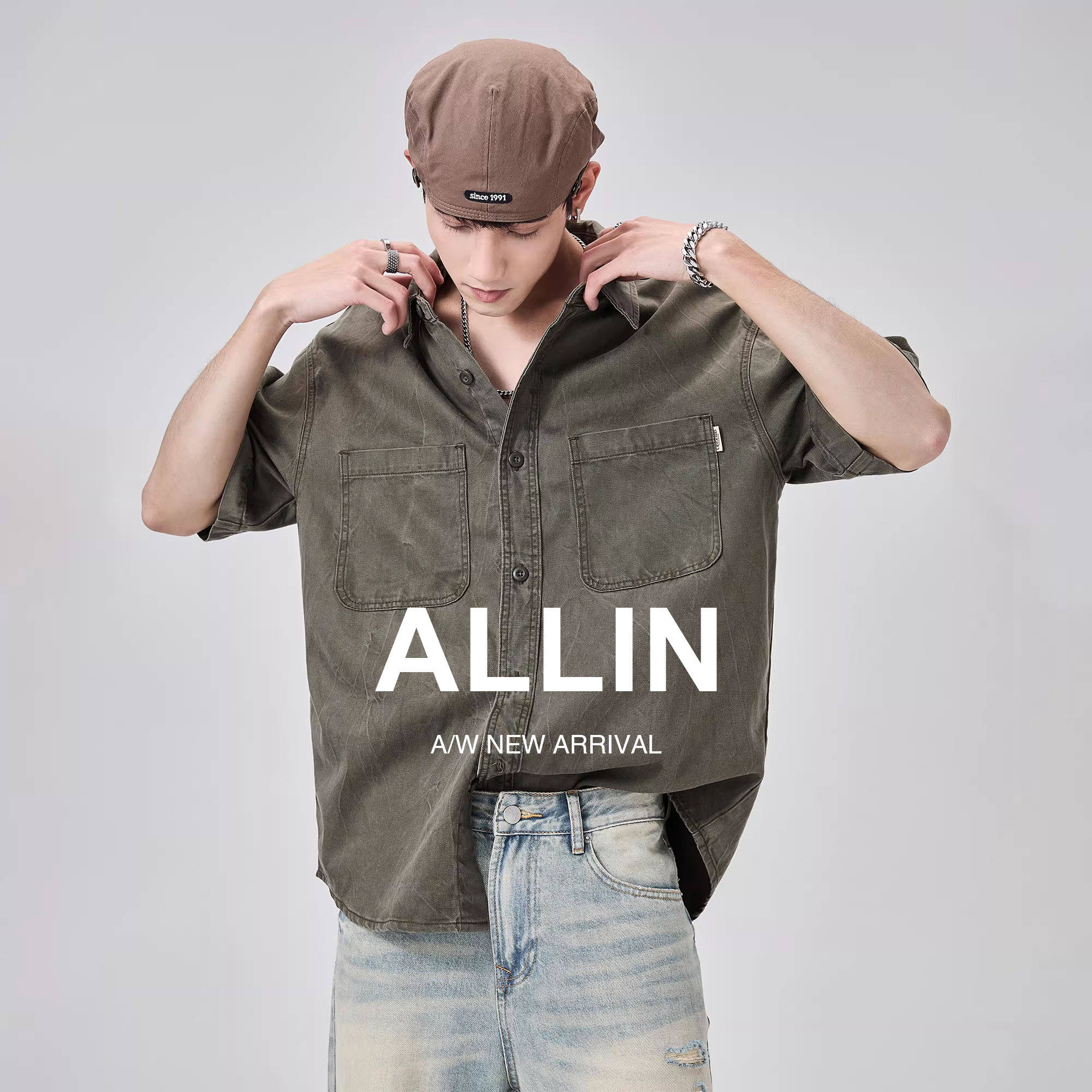 ALLIN 水洗做旧短袖牛仔衬衫男夏季复古潮牌翻领上衣工装衬衣外