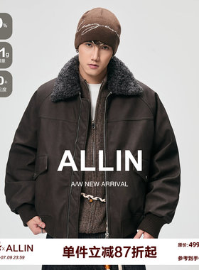 ALLIN 可拆卸毛领皮衣羽绒服男冬季防风保暖PU皮夹克情侣翻领外套