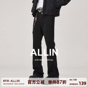 美式 直筒长裤 微喇牛仔裤 窄版 子 男春秋高街潮牌黑色复古修身 ALLIN