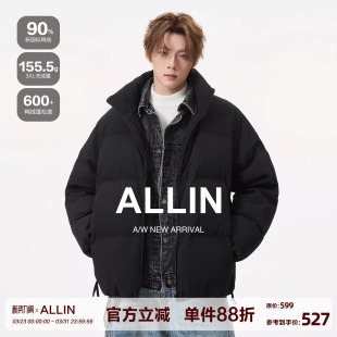 保暖cleanfit廓形立领情侣外套 假两件羽绒服男冬季 ALLIN 黑色短款