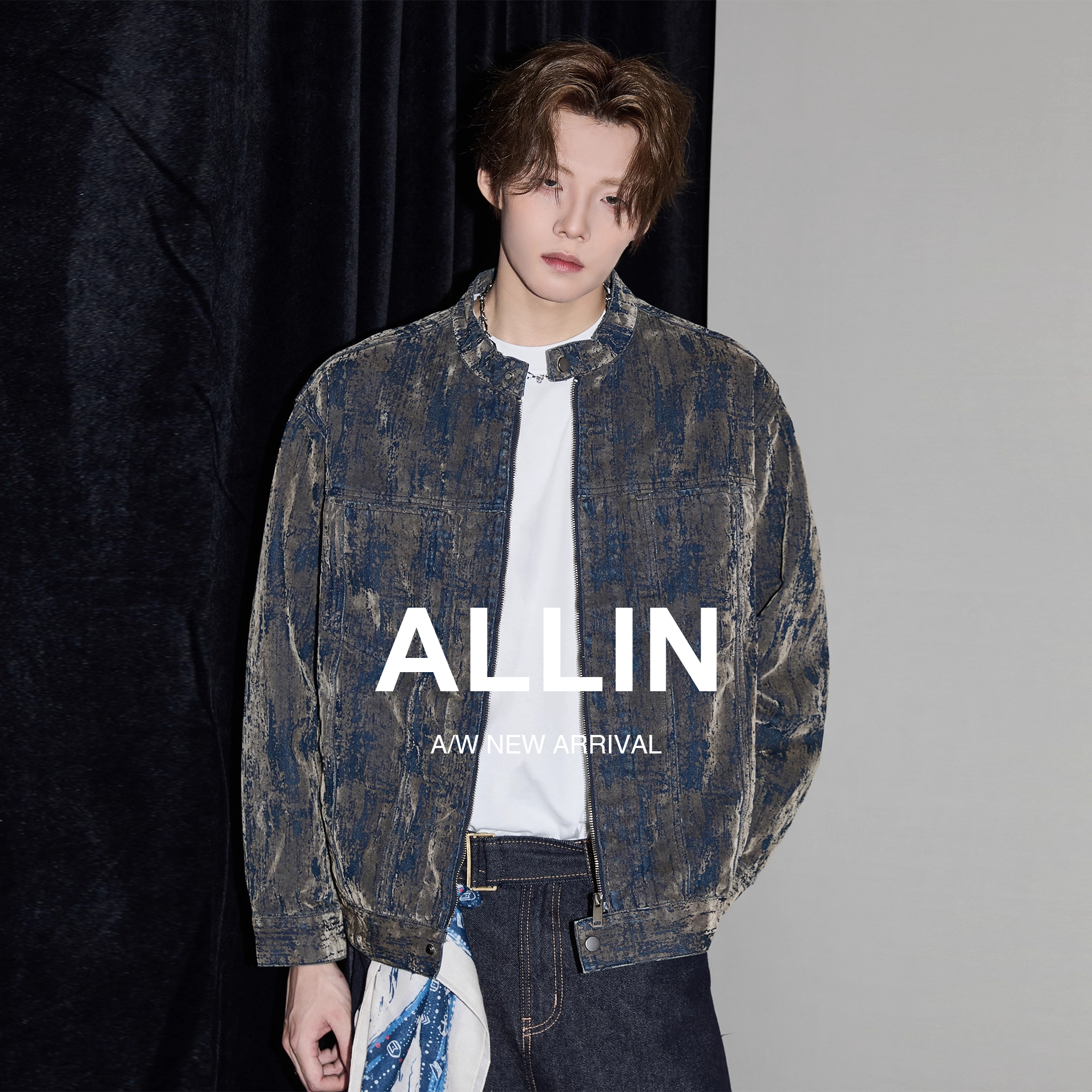 ALLIN 水洗设计感牛仔衣外套男生秋冬季复古做旧扎染立领情侣夹克