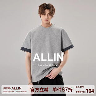 新款 ALLIN t恤男2026夏季 格纹拼接短袖 宽松重磅圆领情侣上衣 美式