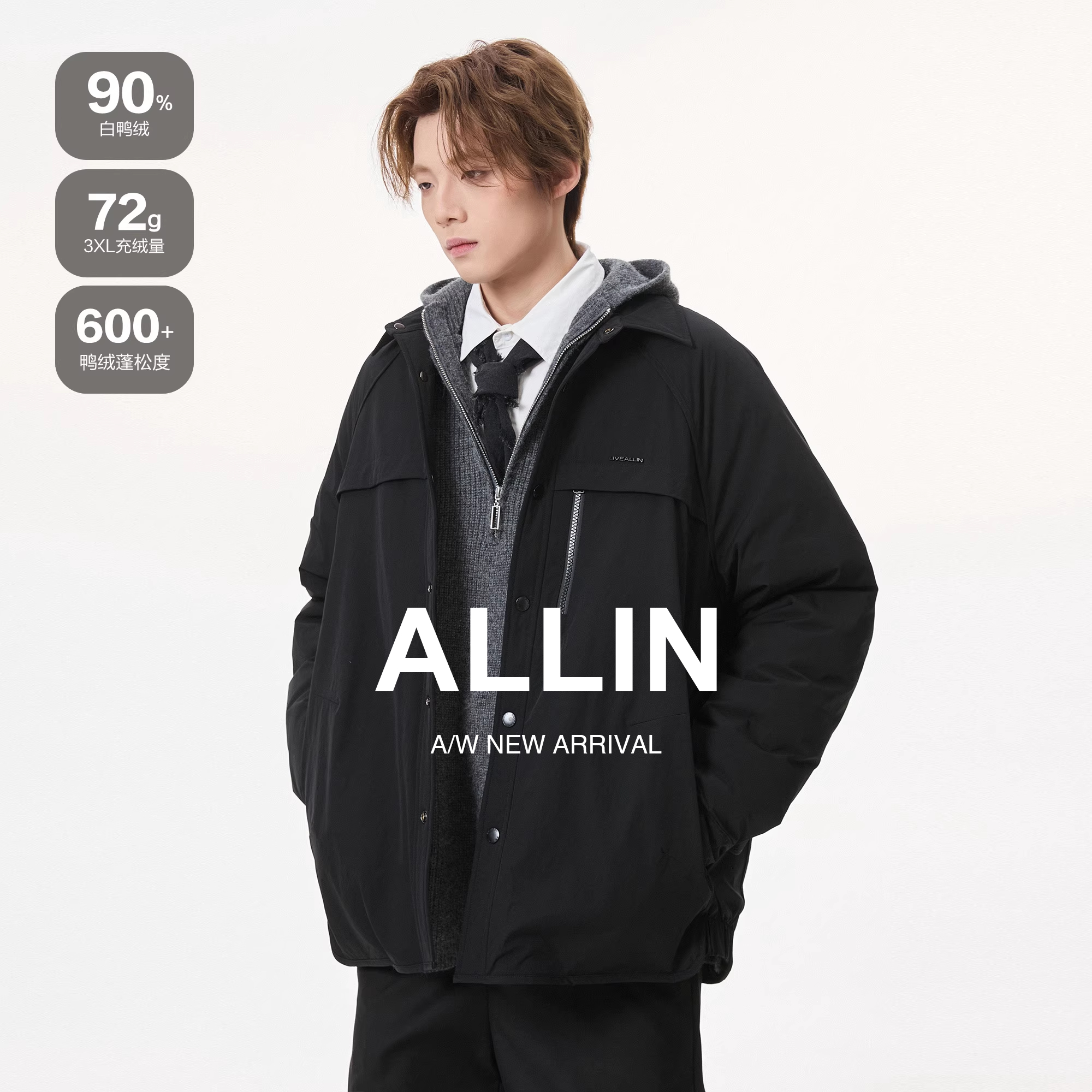 ALLIN 轻薄羽绒服男冬季宽松短款衬衫领保暖外套黑色防寒情侣夹克