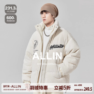 ALLIN 宽松加厚字母刺绣立领鸭绒情侣潮牌外套 灯芯绒羽绒服男冬季