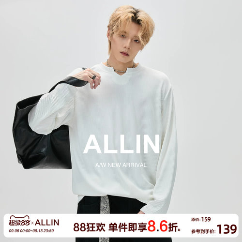 ALLIN 白色V领长袖t恤男春秋慵懒休闲cleanfit宽松内搭打底衫上衣