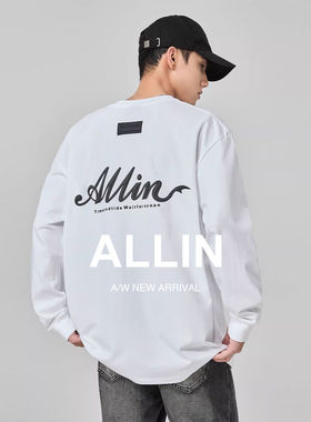 ALLIN 白色长袖t恤男女秋冬字母印花圆领套头纯棉重磅打底衫上衣