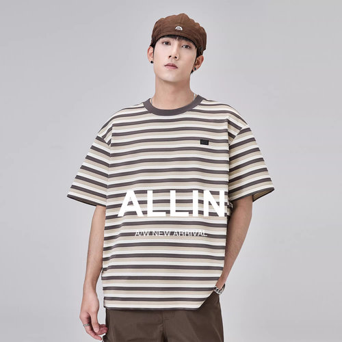ALLIN 条纹撞色短袖t恤男夏季潮牌潮流复古圆领半袖情侣重磅上衣