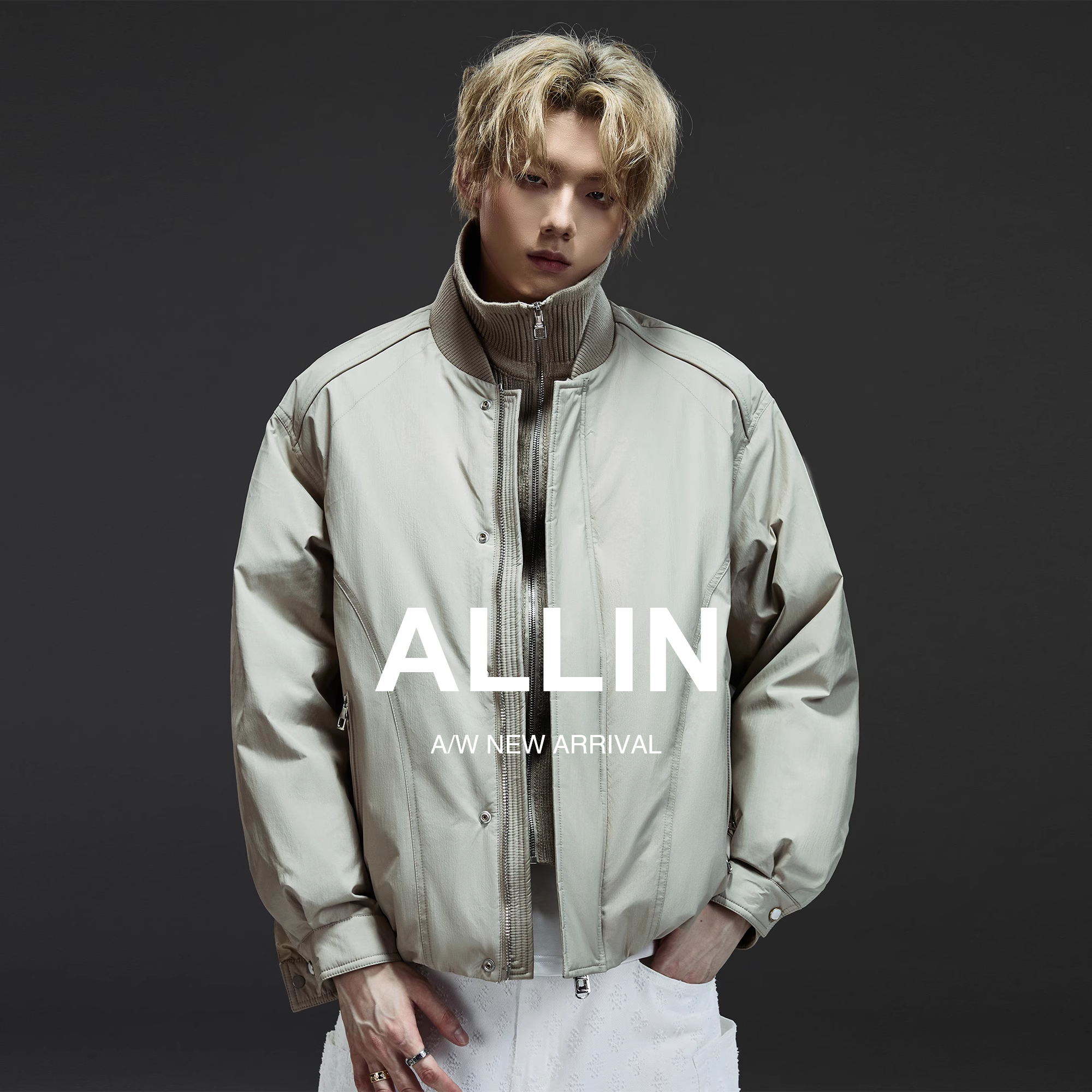 ALLIN 假两件棒球领羽绒服男秋冬季高领毛衣拼接夹克情侣短款外套