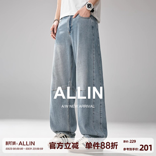 宽松直筒休闲男生阔腿长裤 ALLIN 春秋季 男士 子 纯棉水洗弯刀牛仔裤