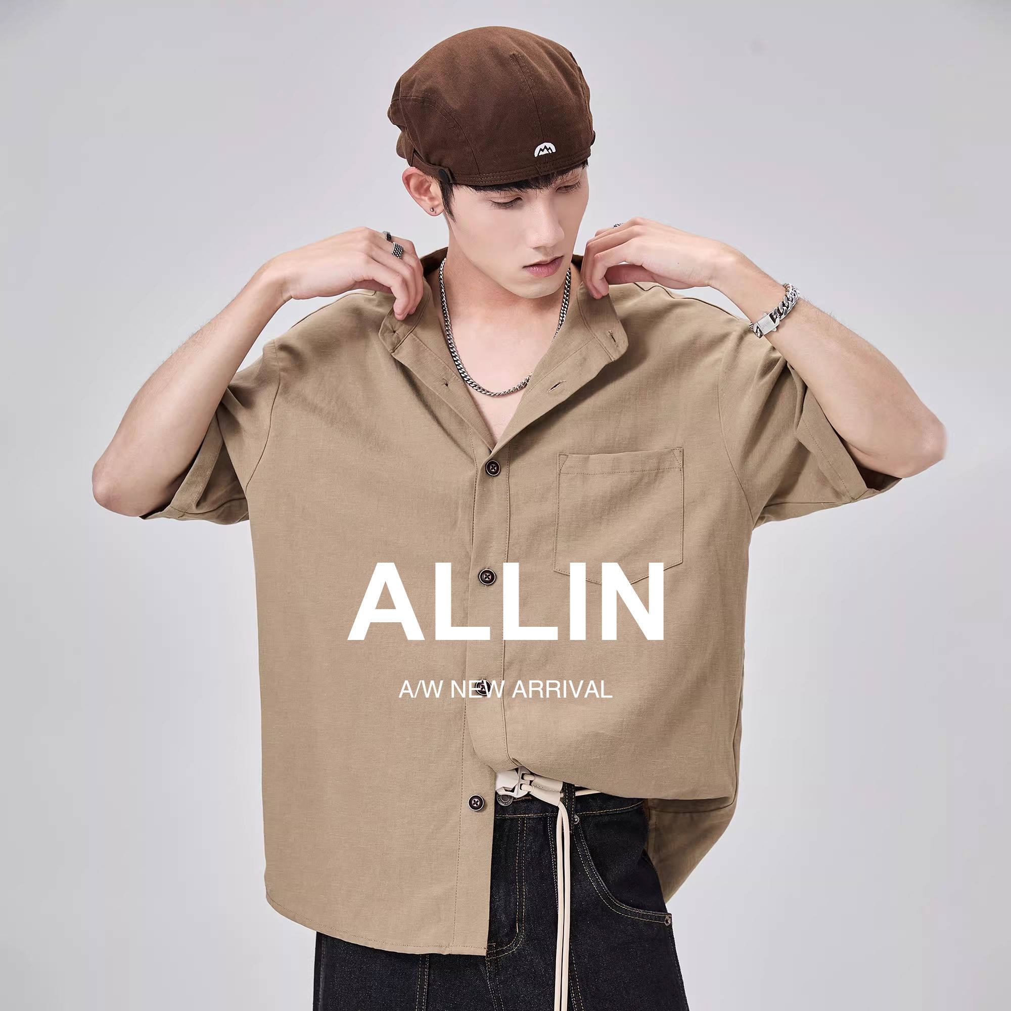 ALLIN 亚麻短袖衬衫男夏季轻柔透气休闲宽松上衣薄款麻料半袖衬