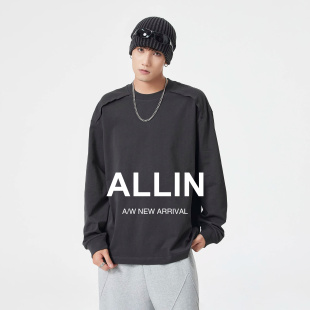ALLIN 秋季肩褶设计长袖T恤男生春季宽松显瘦日常通勤圆领打底衫