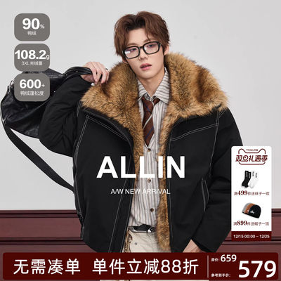 ALLIN 黑色座山雕夹克毛领短款羽绒服男冬季情侣加厚保暖防寒外套