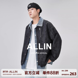 领夹克上衣 潮流痞帅衬衫 ALLIN 牛仔拼接假两件翻领外套男春秋新款