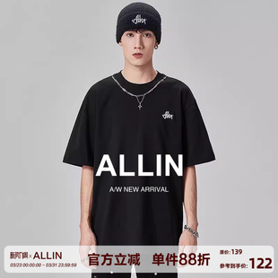 饰重磅半袖 ALLIN 重磅字母刺绣项链装 t恤男夏季 上衣 纯棉黑色短袖