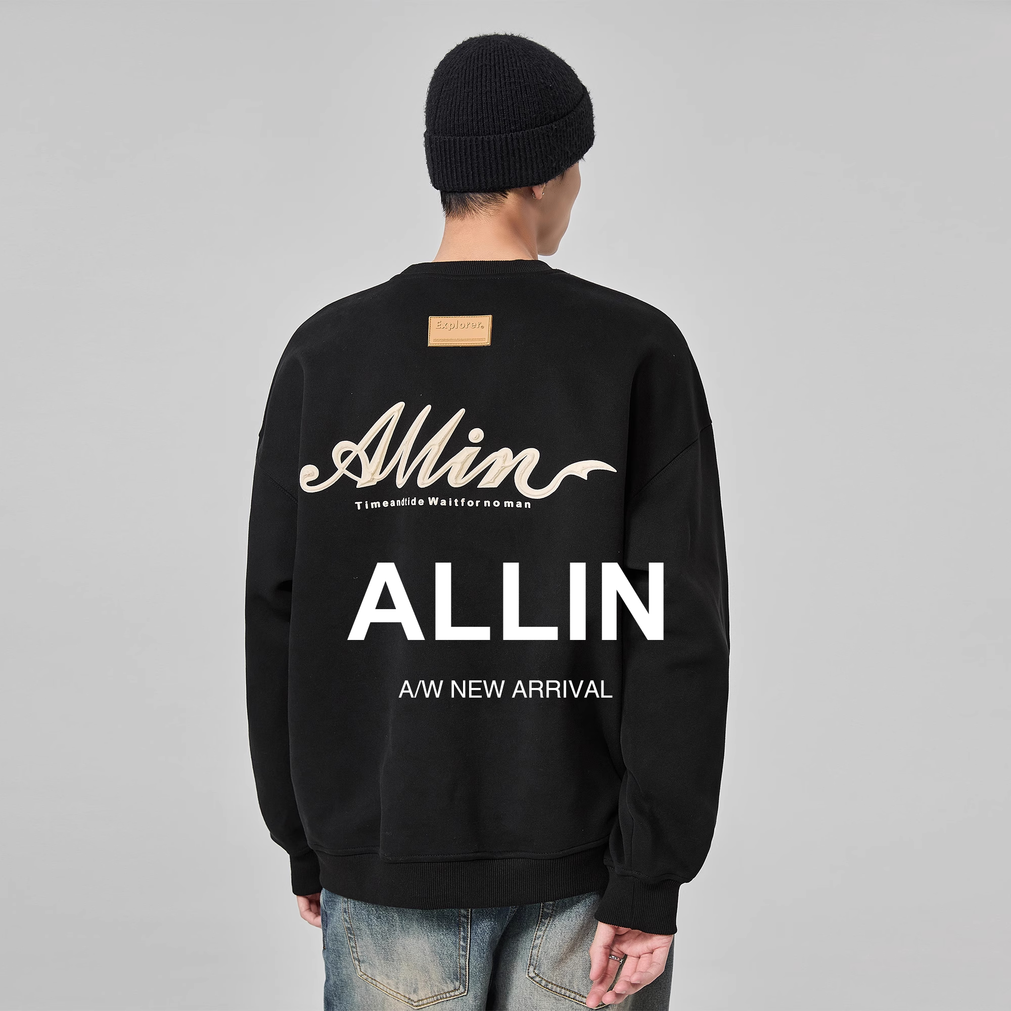 ALLIN 黑色重磅卫衣男春秋字母印花无帽圆领打底情侣美式潮牌上衣