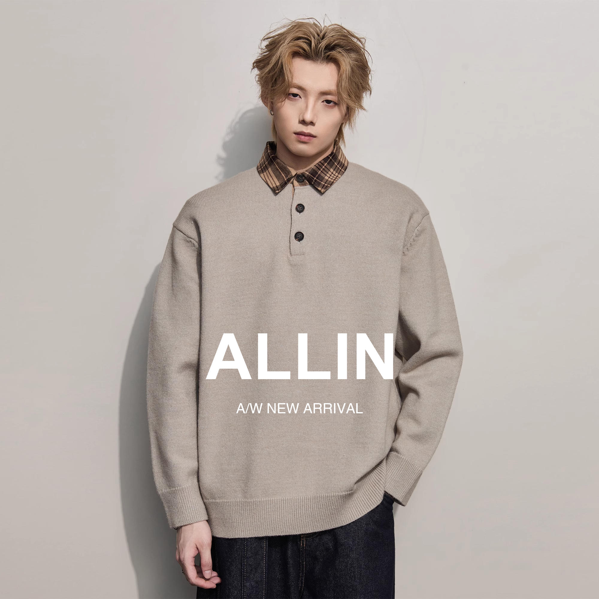 ALLIN 假两件半纽扣毛衣男秋冬情侣衬衫领拼接慵懒通勤针织衫外套