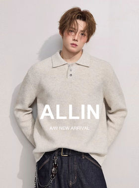 ALLIN 老钱风翻领毛衣男秋冬宽松POLO领针织衫含羊毛慵懒通勤外套