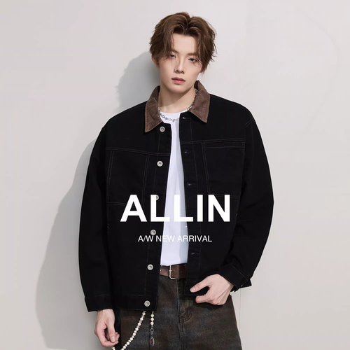 ALLIN 巴恩风底特律水洗牛仔外套男春秋情侣cleanfit翻领休闲夹克