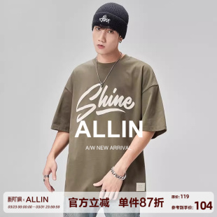 半袖 ALLIN 字母印花宽松圆领体恤美式 t恤男夏季 情侣上衣 重磅短袖