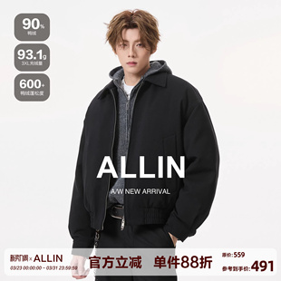 廓形保暖情侣外套 短款 ALLIN 黑色cleanfit翻领夹克羽绒服男生冬季