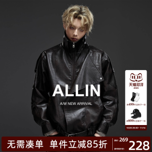 潮牌复古廓形宽松情侣机车PU皮夹克 黑色皮衣外套男秋季 ALLIN 美式