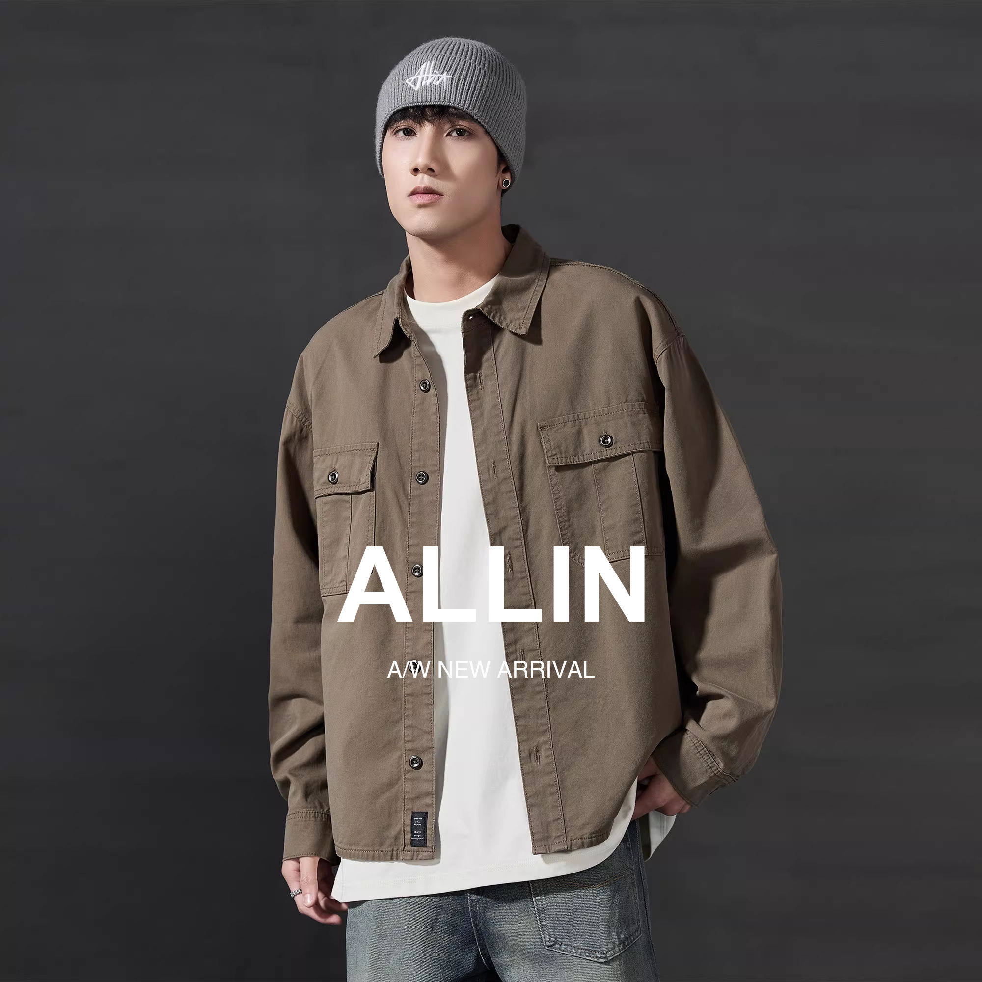ALLIN 美式休闲复古cleanfit寸衫外套男潮绣衬衣上衣潮