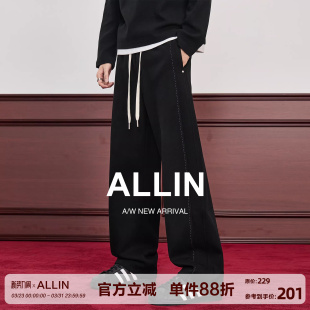 宽松直筒阔腿长裤 男秋冬加绒加厚运动休闲裤 子 黑色弯刀卫裤 ALLIN