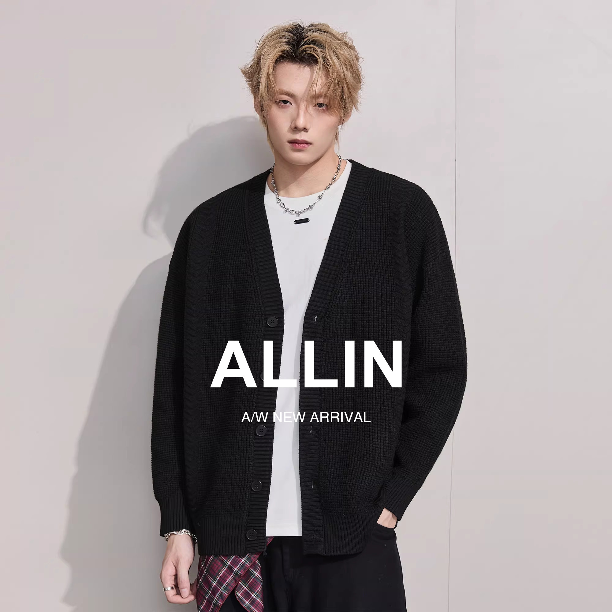 ALLIN 针织开衫外套男女春秋美式v领毛衣黑色慵懒风宽松休闲上