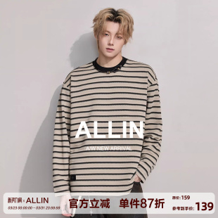 打底衫 ALLIN 宽松大码 T恤男春秋撞色落肩袖 情侣上衣 重磅条纹长袖
