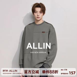 宽松潮牌不规则拼接解构休闲重磅上衣 T恤男春秋季 ALLIN 圆领长袖