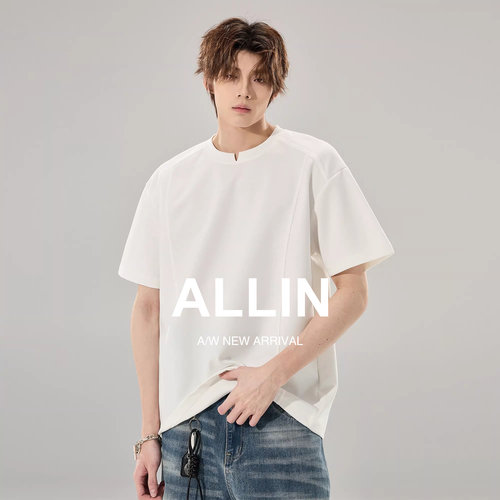 ALLIN 白色曼巴棉短袖T恤男生夏季260g重磅小V领设计情侣潮牌上衣