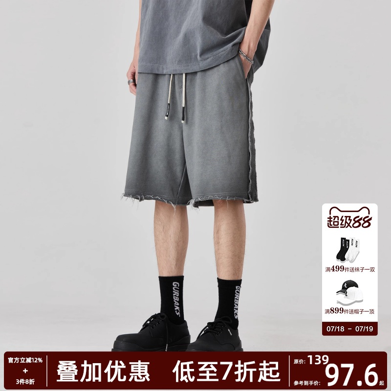 ALLIN 美式休闲短裤男夏季重磅水洗做旧中裤宽松直筒毛边五分裤子