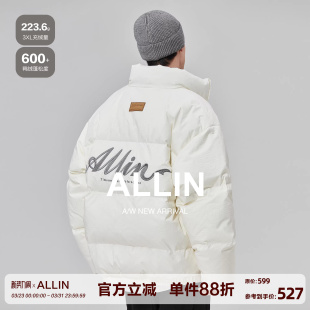 立领冬季 字母刺绣防寒保暖短款 休闲外套 白色鸭绒羽绒服男款 ALLIN