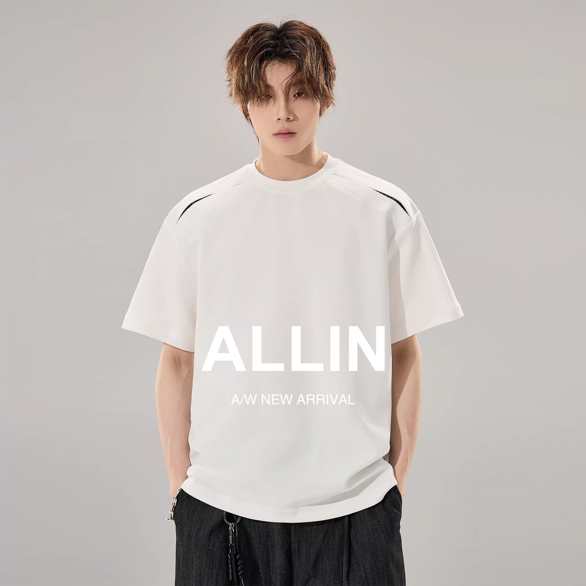 ALLIN 格纹镂空拼接解构短袖T恤男夏季情侣白色体恤潮牌宽松上