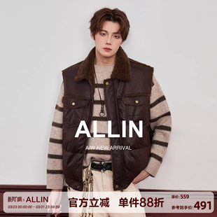 ALLIN 机车保暖皮夹克外套 复古羊羔毛加厚皮衣马甲男春秋情侣短款