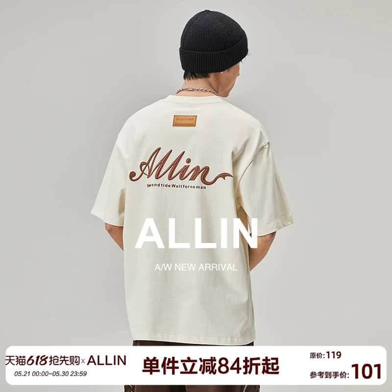 ALLIN 字母印花短袖t恤男夏季潮牌圆领宽松重磅纯棉情侣半袖上