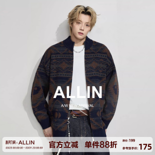 男春秋季 费尔岛混色针织开衫 慵懒风半高领线衣情侣外套 美式 ALLIN