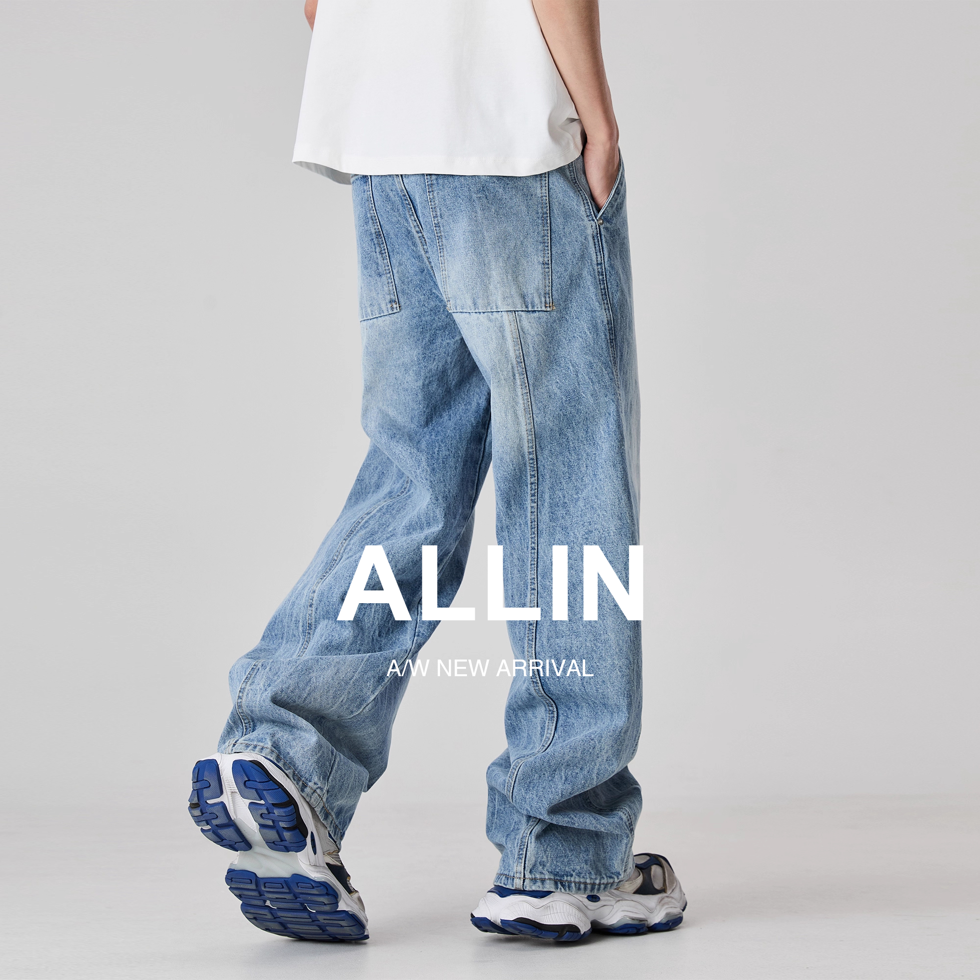ALLIN 直筒阔腿牛仔裤男夏季cleanfit潮牌水洗美式高街宽松长裤子