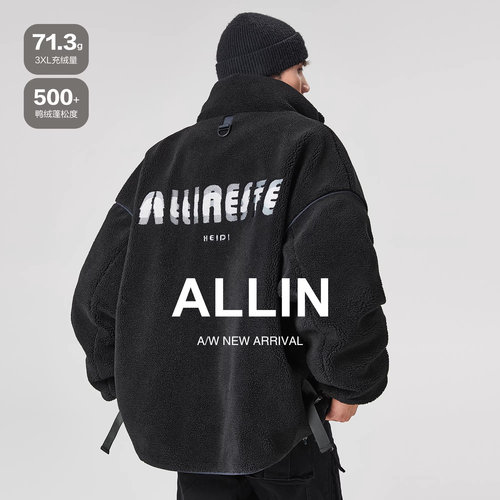 ALLIN 羊羔绒羽绒服男冬季加厚保暖短款鸭绒情侣立领防寒工装外套