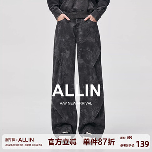 水洗褶皱宽松直筒阔腿裤 男春秋美式 子 黑灰色印花弯刀牛仔裤 ALLIN