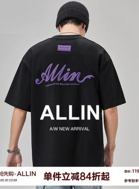 ALLIN 重磅纯棉短袖t恤男女夏季黑色五分袖字母发泡印花半袖上衣