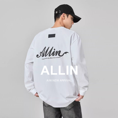 ALLIN 白色长袖t恤男女春秋字母印花圆领套头纯棉重磅打底衫上衣