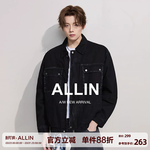 ALLIN 黑色水洗牛仔外套男春秋潮牌情侣cleanfit翻领休闲纯棉夹克