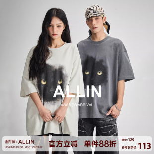 潮牌纯棉重磅情侣半袖 ALLIN 新款 t恤男2026夏季 上衣 黑猫印花短袖