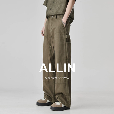 ALLIN 美式工装牛仔裤男潮牌休闲直筒阔腿伐木高街水洗微喇叭裤子