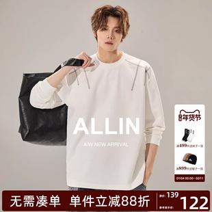 ALLIN 白色辑明线长袖T恤男春秋圆领套头百搭打底衫情侣潮牌上衣