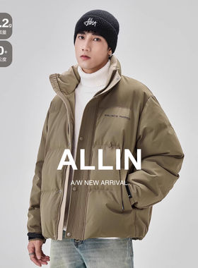 ALLIN 潮牌无帽立领羽绒服男冬季保暖简约面包服鸭绒情侣短款外套
