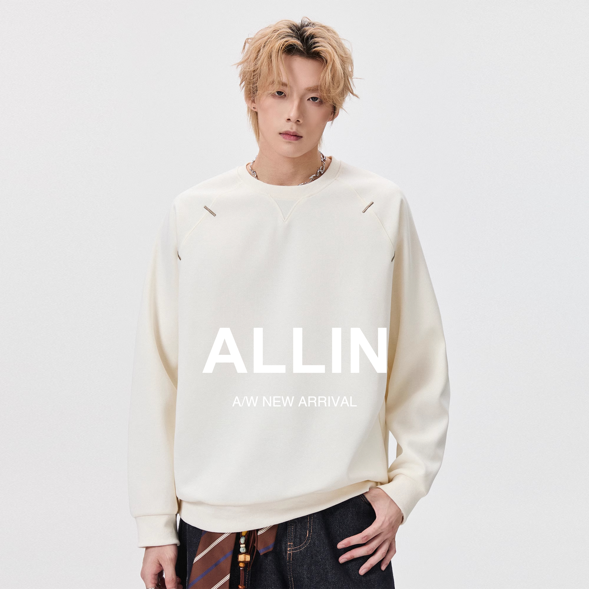 ALLIN 纯色刺绣重磅卫衣男秋季百搭宽松内搭圆领插肩长袖情侣上衣