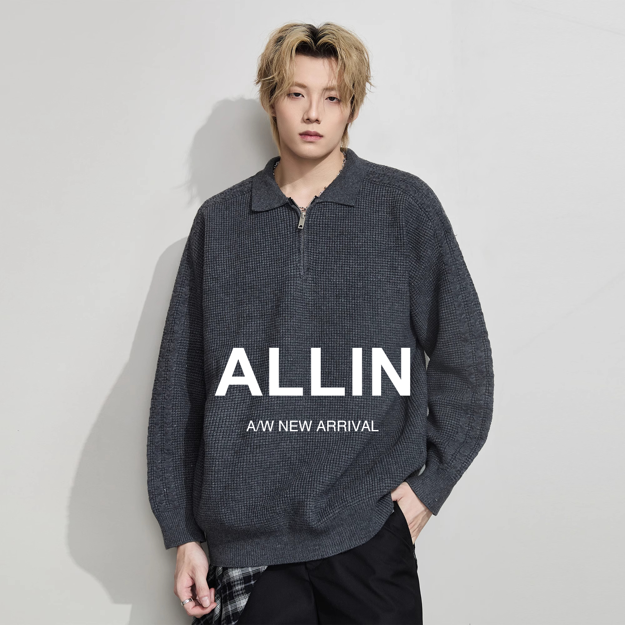 ALLIN 重磅灰色翻领毛衣男秋冬季美式慵懒风情侣半拉链针织衫外套